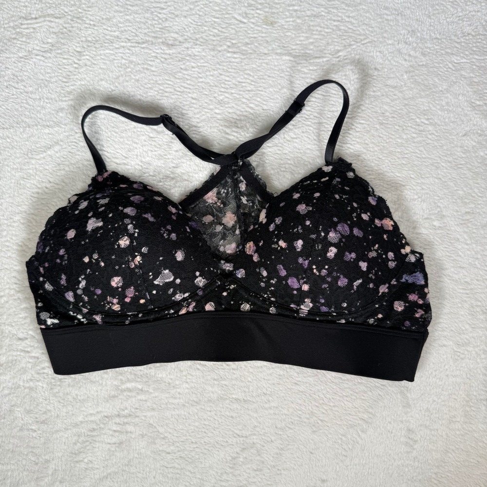 PINK Victoria's Secret Lace Racerback Bralette M Black Floral Splatter Womens